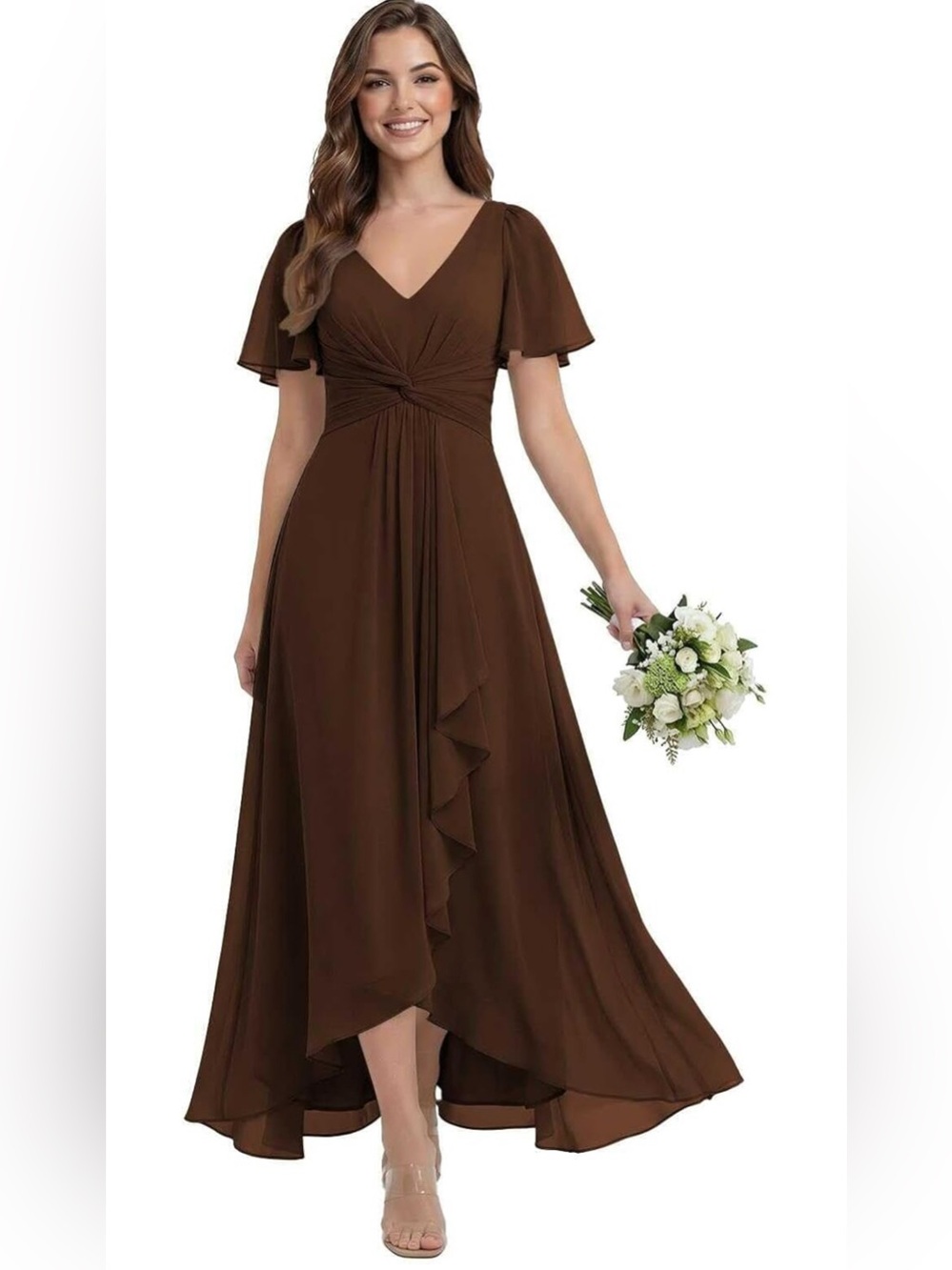 V-Neck Brown Maxi Dress with Flutter Sleeves
